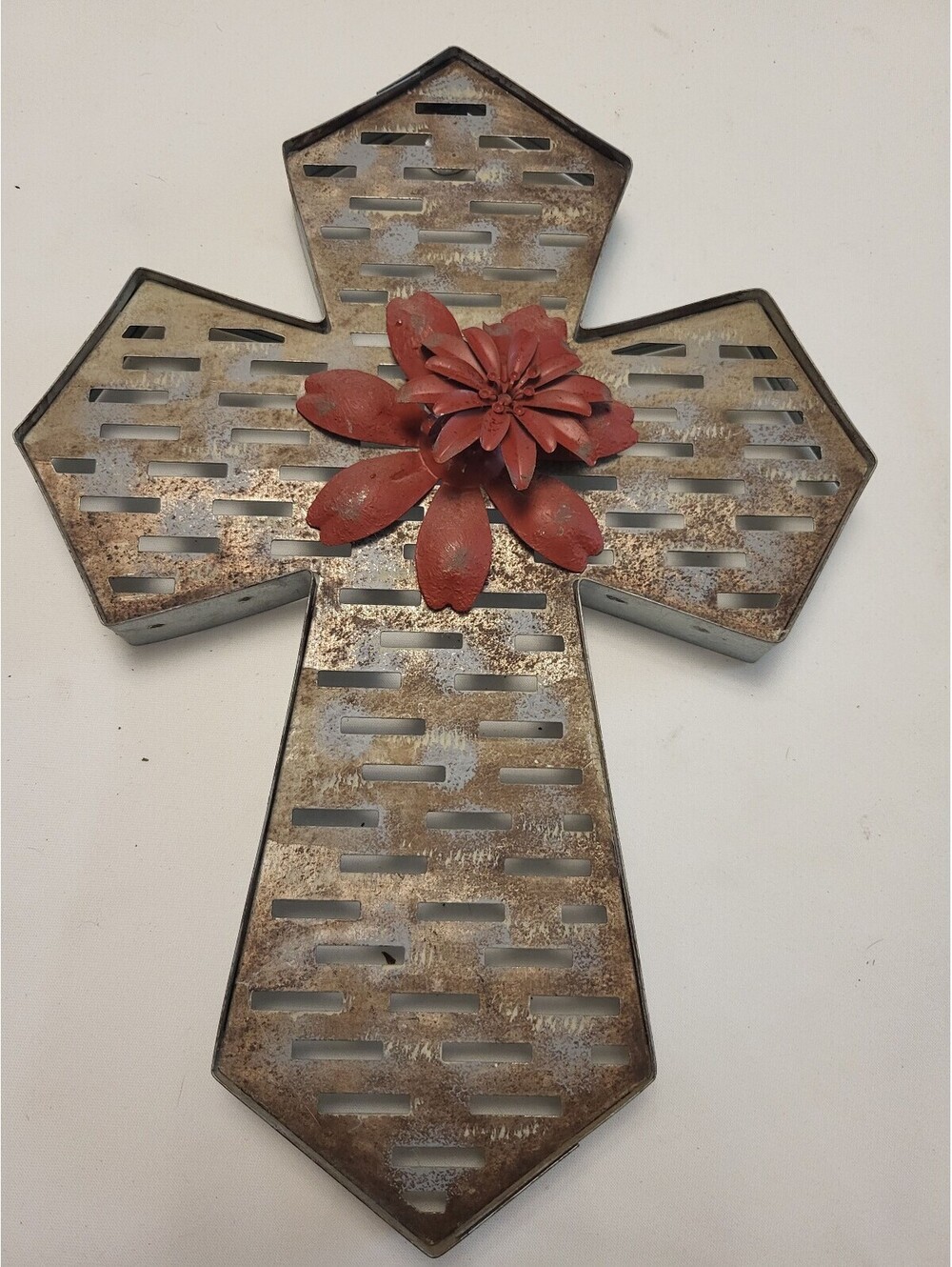 Rustic Metal 13.5"x10" Wall Cross with Red Flower Accent